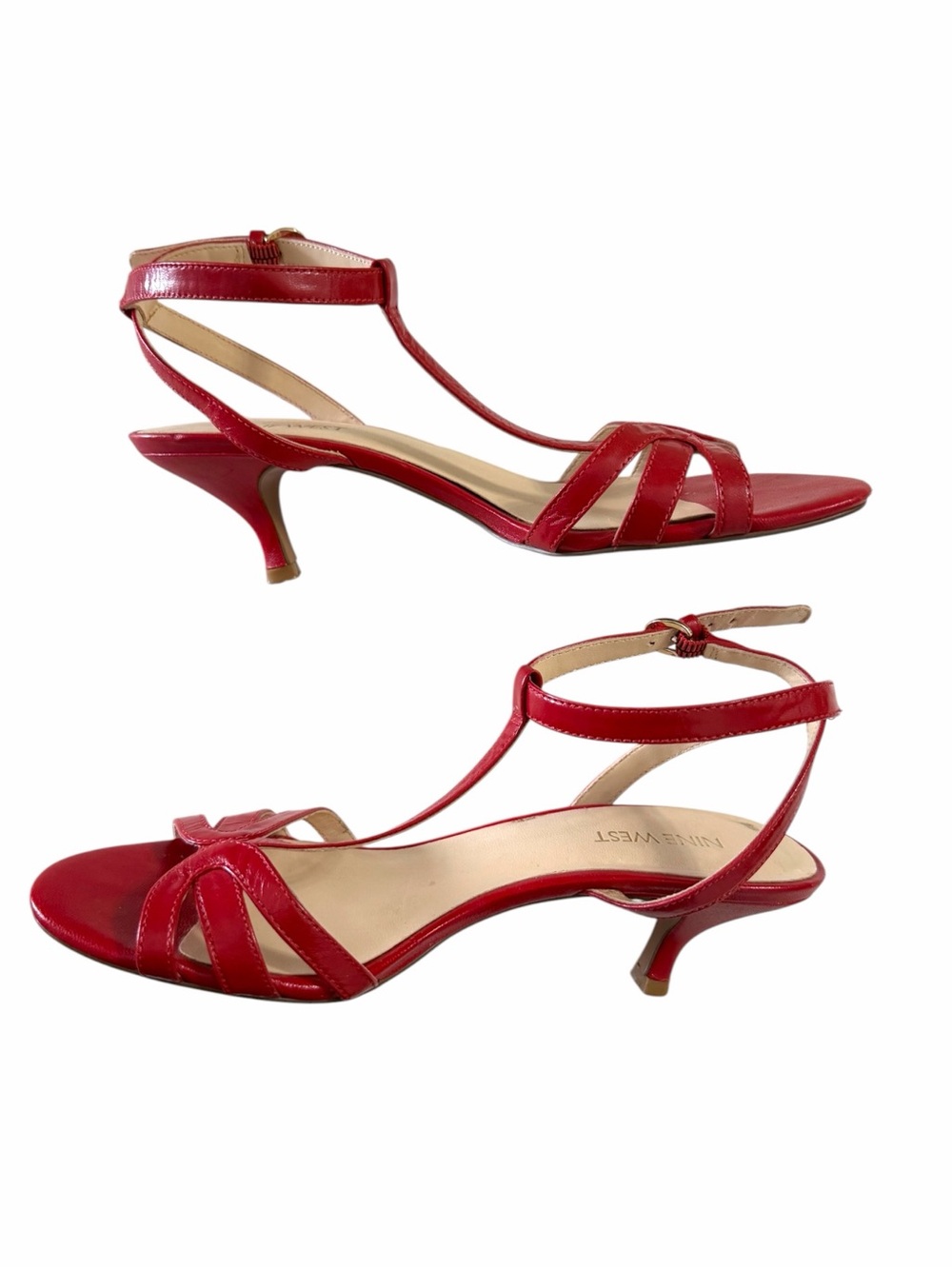 Nine West Red Leather T-Strap Kitten Heel Sandals - Picture 4 of 7